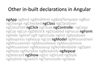 Other in-built declarations in Angular
ngApp ngBind ngBindHtml ngBindTemplate ngBlur
ngChange ngChecked ngClass ngClassEven
ngClassOdd ngClick ngCloak ngController ngCopy
ngCsp ngCut ngDblclick ngDisabled ngFocus ngForm
ngHide ngHref ngIf ngInclude ngInit ngKeydown
ngKeypress ngKeyup ngList ngModel ngMousedown
ngMouseenter ngMouseleave ngMousemove
ngMouseover ngMouseup ngNonBindable ngOpen
ngPaste ngPluralize ngReadonly ngRepeat
ngSelected ngShow ngSrc ngSrcset ngStyle
ngSubmit ngSwitch ngTransclude ngValue

 