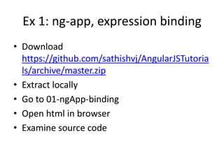 Ex 1: ng-app, expression binding
• Download
https://github.com/sathishvj/AngularJSTutoria
ls/archive/master.zip
• Extract locally
• Go to 01-ngApp-binding
• Open html in browser
• Examine source code

 