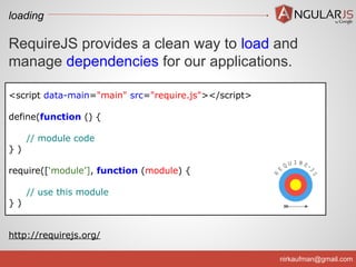 loading

RequireJS provides a clean way to load and
manage dependencies for our applications.
<script data-main="main" src="require.js"></script>
define(function () {
// module code
})
require([‘module’], function (module) {
// use this module
})

http://requirejs.org/
nirkaufman@gmail.com

 