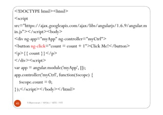V.Mareeswari / AP(Sr) / SITE /VIT45
<!DOCTYPE html><html>
<script
src="https://ajax.googleapis.com/ajax/libs/angularjs/1.6.9/angular.m
in.js"></script><body>
<div ng-app="myApp" ng-controller="myCtrl">
<button ng-click="count = count + 1">Click Me!</button>
<p>{{ count }}</p>
</div><script>
var app = angular.module('myApp', []);
app.controller('myCtrl', function($scope) {
$scope.count = 0;
});</script></body></html>
 