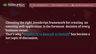 Choosing the right JavaScript framework for creating an
amazing web application is the foremost decision of every
business owner.
That’s why “AngularJS vs ReactJS vs NodeJS” has become a
hot topic of discussion.
 