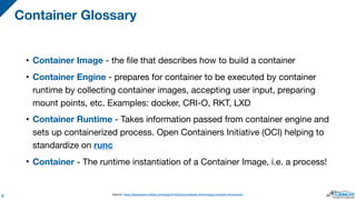 • Container Image - the file that describes how to build a container

• Container Engine - prepares for container to be executed by container
runtime by collecting container images, accepting user input, preparing
mount points, etc. Examples: docker, CRI-O, RKT, LXD

• Container Runtime - Takes information passed from container engine and
sets up containerized process. Open Containers Initiative (OCI) helping to
standardize on runc
• Container - The runtime instantiation of a Container Image, i.e. a process!
Container Glossary
6 Source: https://developers.redhat.com/blog/2018/02/22/container-terminology-practical-introduction/
 