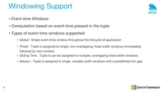 Windowing Support
19
• Event-time Windows
• Computation based on event-time present in the tuple
• Types of event-time windows supported:
• Global : Single event-time window throughout the lifecycle of application
• Timed : Tuple is assigned to single, non-overlapping, fixed width windows immediately
followed by next window
• Sliding Time : Tuple is can be assigned to multiple, overlapping fixed width windows.
• Session : Tuple is assigned to single, variable width windows with a predefined min gap
 