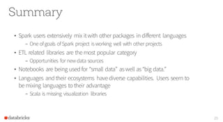 Summary
• Spark users extensively mix itwith other packages in different languages
– One ofgoals ofSpark project is working well with other projects
• ETL related libraries are the most popular category
– Opportunities for newdata sources
• Notebooks are being used for “small data” aswell as“big data.”
• Languages and their ecosystems have diverse capabilities. Users seem to
be mixing languages to their advantage
– Scala is missing visualization libraries
25
 