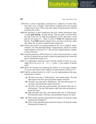 228 Chap. 6 Non-Binary Trees
6.9 Devise a series of equivalence statements for a collection of sixteen items
that yields a tree of height 5 when both the weighted union rule and path
compression are used. What is the total number of parent pointers followed
to perform this series?
6.10 One alternative to path compression that gives similar performance gains
is called path halving. In path halving, when the path is traversed from
the node to the root, we make the grandparent of every other node i on the
path the new parent of i. Write a version of FIND that implements path
halving. Your FIND operation should work as you move up the tree, rather
than require the two passes needed by path compression.
6.11 Analyze the fraction of overhead required by the “list of children” imple-
mentation, the “left-child/right-sibling” implementation, and the two linked
implementations of Section 6.3.3. How do these implementations compare
in space efficiency?
6.12 Using the general tree ADT of Figure 6.2, write a function that takes as input
the root of a general tree and returns a binary tree generated by the conversion
process illustrated by Figure 6.14.
6.13 Use mathematical induction to prove that the number of leaves in a non-
empty full K-ary tree is (K − 1)n + 1, where n is the number of internal
nodes.
6.14 Derive the formulae for computing the relatives of a non-empty complete
K-ary tree node stored in the complete tree representation of Section 5.3.3.
6.15 Find the overhead fraction for a full K-ary tree implementation with space
requirements as follows:
(a) All nodes store data, K child pointers, and a parent pointer. The data
field requires four bytes and each pointer requires four bytes.
(b) All nodes store data and K child pointers. The data field requires six-
teen bytes and each pointer requires four bytes.
(c) All nodes store data and a parent pointer, and internal nodes store K
child pointers. The data field requires eight bytes and each pointer re-
quires four bytes.
(d) Only leaf nodes store data; only internal nodes store K child pointers.
The data field requires four bytes and each pointer requires two bytes.
6.16 (a) Write out the sequential representation for Figure 6.18 using the coding
illustrated by Example 6.5.
(b) Write out the sequential representation for Figure 6.18 using the coding
illustrated by Example 6.6.
 