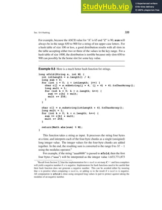 Sec. 9.4 Hashing 335
For example, because the ASCII value for “A” is 65 and “Z” is 90, sum will
always be in the range 650 to 900 for a string of ten upper case letters. For
a hash table of size 100 or less, a good distribution results with all slots in
the table accepting either two or three of the values in the key range. For a
hash table of size 1000, the distribution is terrible because only slots 650 to
900 can possibly be the home slot for some key value.
Example 9.8 Here is a much better hash function for strings.
long sfold(String s, int M) {
int intLength = s.length() / 4;
long sum = 0;
for (int j = 0; j  intLength; j++) {
char c[] = s.substring(j * 4, (j * 4) + 4).toCharArray();
long mult = 1;
for (int k = 0; k  c.length; k++) {
sum += c[k] * mult;
mult *= 256;
}
}
char c[] = s.substring(intLength * 4).toCharArray();
long mult = 1;
for (int k = 0; k  c.length; k++) {
sum += c[k] * mult;
mult *= 256;
}
return(Math.abs(sum) % M);
}
This function takes a string as input. It processes the string four bytes
at a time, and interprets each of the four-byte chunks as a single (unsigned)
long integer value. The integer values for the four-byte chunks are added
together. In the end, the resulting sum is converted to the range 0 to M − 1
using the modulus operator.2
For example, if the string “aaaabbbb” is passed to sfold, then the first
four bytes (“aaaa”) will be interpreted as the integer value 1,633,771,873
2
Recall from Section 2.2 that the implementation for n mod m on many C++ and Java compilers
will yield a negative number if n is negative. Implementors for hash functions need to be careful that
their hash function does not generate a negative number. This can be avoided either by insuring
that n is positive when computing n mod m, or adding m to the result if n mod m is negative.
All computation in sfold is done using unsigned long values in part to protect against taking the
modulus of an negative number.
 