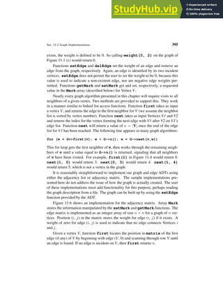 Sec. 11.2 Graph Implementations 395
exists, the weight is defined to be 0. So calling weight(0, 2) on the graph of
Figure 11.1 (c) would return 0.
Functions setEdge and delEdge set the weight of an edge and remove an
edge from the graph, respectively. Again, an edge is identified by its two incident
vertices. setEdge does not permit the user to set the weight to be 0, because this
value is used to indicate a non-existent edge, nor are negative edge weights per-
mitted. Functions getMark and setMark get and set, respectively, a requested
value in the Mark array (described below) for Vertex V.
Nearly every graph algorithm presented in this chapter will require visits to all
neighbors of a given vertex. Two methods are provided to support this. They work
in a manner similar to linked list access functions. Function first takes as input
a vertex V, and returns the edge to the first neighbor for V (we assume the neighbor
list is sorted by vertex number). Function next takes as input Vertices V1 and V2
and returns the index for the vertex forming the next edge with V1 after V2 on V1’s
edge list. Function next will return a value of n = |V| once the end of the edge
list for V1 has been reached. The following line appears in many graph algorithms:
for (w = G=first(v); w  G-n(); w = G-next(v,w))
This for loop gets the first neighbor of v, then works through the remaining neigh-
bors of v until a value equal to G-n() is returned, signaling that all neighbors
of v have been visited. For example, first(1) in Figure 11.4 would return 0.
next(1, 0) would return 3. next(0, 3) would return 4. next(1, 4)
would return 5, which is not a vertex in the graph.
It is reasonably straightforward to implement our graph and edge ADTs using
either the adjacency list or adjacency matrix. The sample implementations pre-
sented here do not address the issue of how the graph is actually created. The user
of these implementations must add functionality for this purpose, perhaps reading
the graph description from a file. The graph can be built up by using the setEdge
function provided by the ADT.
Figure 11.6 shows an implementation for the adjacency matrix. Array Mark
stores the information manipulated by the setMark and getMark functions. The
edge matrix is implemented as an integer array of size n × n for a graph of n ver-
tices. Position (i, j) in the matrix stores the weight for edge (i, j) if it exists. A
weight of zero for edge (i, j) is used to indicate that no edge connects Vertices i
and j.
Given a vertex V, function first locates the position in matrix of the first
edge (if any) of V by beginning with edge (V, 0) and scanning through row V until
an edge is found. If no edge is incident on V, then first returns n.
 