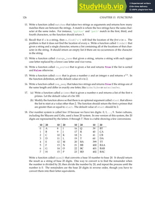126 CHAPTER 13. FUNCTIONS
11. Write a function called matches that takes two strings as arguments and returns how many
matches there are between the strings. A match is where the two strings have the same char-
acter at the same index. For instance, 'python' and 'path' match in the first, third, and
fourth characters, so the function should return 3.
12. Recall that if s is a string, then s.find('a') will find the location of the first a in s. The
problem is that it does not find the location of every a. Write a function called findall that
given a string and a single character, returns a list containing all of the locations of that char-
acter in the string. It should return an empty list if there are no occurrences of the character
in the string.
13. Write a function called change_case that given a string, returns a string with each upper
case letter replaced by a lower case letter and vice-versa.
14. Write a function called is_sorted that is given a list and returns True if the list is sorted
and False otherwise.
15. Write a function called root that is given a number x and an integer n and returns x1/n
. In
the function definition, set the default value of n to 2.
16. Write a function called one_away that takes two strings and returns True if the strings are of
the same length and differ in exactly one letter, like bike/hike or water/wafer.
17. (a) Write a function called primes that is given a number n and returns a list of the first n
primes. Let the default value of n be 100.
(b) Modify the function above so that there is an optional argument called start that allows
the list to start at a value other than 2. The function should return the first n primes that
are greater than or equal to start. The default value of start should be 2.
18. Our number system is called base 10 because we have ten digits: 0, 1, . . . , 9. Some cultures,
including the Mayans and Celts, used a base 20 system. In one version of this system, the 20
digits are represented by the letters A through T. Here is a table showing a few conversions:
10 20 10 20 10 20 10 20
0 A 8 I 16 Q 39 BT
1 B 9 J 17 R 40 CA
2 C 10 K 18 S 41 CB
3 D 11 L 19 T 60 DA
4 E 12 M 20 BA 399 TT
5 F 13 N 21 BB 400 BAA
6 G 14 O 22 BC 401 BAB
7 H 15 P 23 BD 402 BAC
Write a function called base20 that converts a base 10 number to base 20. It should return
the result as a string of base 20 digits. One way to convert is to find the remainder when
the number is divided by 20, then divide the number by 20, and repeat the process until the
number is 0. The remainders are the base 20 digits in reverse order, though you have to
convert them into their letter equivalents.
 