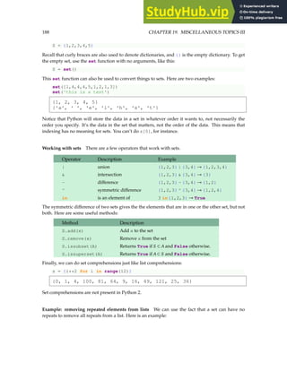 188 CHAPTER 19. MISCELLANEOUS TOPICS III
S = {1,2,3,4,5}
Recall that curly braces are also used to denote dictionaries, and {} is the empty dictionary. To get
the empty set, use the set function with no arguments, like this:
S = set()
This set function can also be used to convert things to sets. Here are two examples:
set([1,4,4,4,5,1,2,1,3])
set('this is a test')
{1, 2, 3, 4, 5}
{'a', ' ', 'e', 'i', 'h', 's', 't'}
Notice that Python will store the data in a set in whatever order it wants to, not necessarily the
order you specify. It’s the data in the set that matters, not the order of the data. This means that
indexing has no meaning for sets. You can’t do s[0], for instance.
Working with sets There are a few operators that work with sets.
Operator Description Example
| union {1,2,3} | {3,4} → {1,2,3,4}
 intersection {1,2,3}  {3,4} → {3}
- difference {1,2,3} - {3,4} → {1,2}
^ symmetric difference {1,2,3} ^ {3,4} → {1,2,4}
in is an element of 3 in{1,2,3} → True
The symmetric difference of two sets gives the the elements that are in one or the other set, but not
both. Here are some useful methods:
Method Description
S.add(x) Add x to the set
S.remove(x) Remove x from the set
S.issubset(A) Returns True if S ⊂ A and False otherwise.
S.issuperset(A) Returns True if A ⊂ S and False otherwise.
Finally, we can do set comprehensions just like list comprehensions:
s = {i**2 for i in range(12)}
{0, 1, 4, 100, 81, 64, 9, 16, 49, 121, 25, 36}
Set comprehensions are not present in Python 2.
Example: removing repeated elements from lists We can use the fact that a set can have no
repeats to remove all repeats from a list. Here is an example:
 