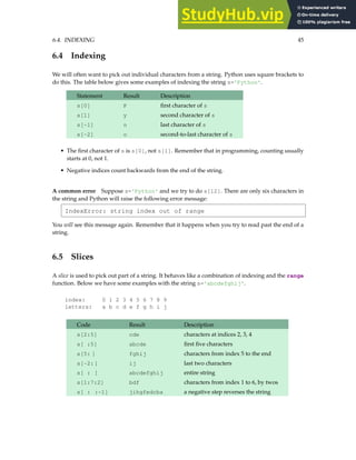 6.4. INDEXING 45
6.4 Indexing
We will often want to pick out individual characters from a string. Python uses square brackets to
do this. The table below gives some examples of indexing the string s='Python'.
Statement Result Description
s[0] P first character of s
s[1] y second character of s
s[-1] n last character of s
s[-2] o second-to-last character of s
• The first character of s is s[0], not s[1]. Remember that in programming, counting usually
starts at 0, not 1.
• Negative indices count backwards from the end of the string.
A common error Suppose s='Python' and we try to do s[12]. There are only six characters in
the string and Python will raise the following error message:
IndexError: string index out of range
You will see this message again. Remember that it happens when you try to read past the end of a
string.
6.5 Slices
A slice is used to pick out part of a string. It behaves like a combination of indexing and the range
function. Below we have some examples with the string s='abcdefghij'.
index: 0 1 2 3 4 5 6 7 8 9
letters: a b c d e f g h i j
Code Result Description
s[2:5] cde characters at indices 2, 3, 4
s[ :5] abcde first five characters
s[5: ] fghij characters from index 5 to the end
s[-2:] ij last two characters
s[ : ] abcdefghij entire string
s[1:7:2] bdf characters from index 1 to 6, by twos
s[ : :-1] jihgfedcba a negative step reverses the string
 