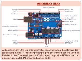 Arduino/Genuino Uno is a microcontroller board based on the ATmega328P
(datasheet). It has 14 digital input/output pins (of which 6 can be used as
PWM outputs), 6 analog inputs, a 16 MHz quartz crystal, a USB connection,
a power jack, an ICSP header and a reset button.
 