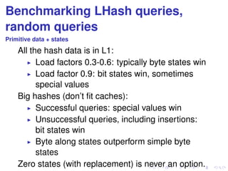 Benchmarking LHash queries, 
random queries 
Primitive data + states 
All the hash data is in L1: 
I Load factors 0.3-0.6: typically byte states win 
I Load factor 0.9: bit states win, sometimes 
special values 
Big hashes (don’t fit caches): 
I Successful queries: special values win 
I Unsuccessful queries, including insertions: 
bit states win 
I Byte along states outperform simple byte 
states 
Zero states (with replacement) is never an option. 
 
