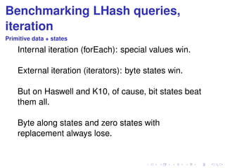 Benchmarking LHash queries, 
iteration 
Primitive data + states 
Internal iteration (forEach): special values win. 
External iteration (iterators): byte states win. 
But on Haswell and K10, of cause, bit states beat 
them all. 
Byte along states and zero states with 
replacement always lose. 
 