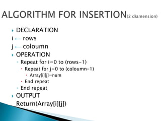  DECLARATION
i   rows
j   coloumn
 OPERATION
    ◦ Repeat for i=0 to (rows-1)
      Repeat for j=0 to (coloumn-1)
        Array[i][j]=num
      End repeat
    ◦ End repeat
   OUTPUT
    Return(Array[i][j])
 