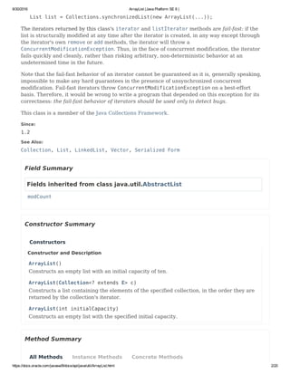 8/30/2016 ArrayList (Java Platform SE 8 )
https://docs.oracle.com/javase/8/docs/api/java/util/ArrayList.html 2/20
List list = Collections.synchronizedList(new ArrayList(...));
The iterators returned by this class's iterator and listIterator methods are fail-fast: if the
list is structurally modified at any time after the iterator is created, in any way except through
the iterator's own remove or add methods, the iterator will throw a
ConcurrentModificationException. Thus, in the face of concurrent modification, the iterator
fails quickly and cleanly, rather than risking arbitrary, non-deterministic behavior at an
undetermined time in the future.
Note that the fail-fast behavior of an iterator cannot be guaranteed as it is, generally speaking,
impossible to make any hard guarantees in the presence of unsynchronized concurrent
modification. Fail-fast iterators throw ConcurrentModificationException on a best-effort
basis. Therefore, it would be wrong to write a program that depended on this exception for its
correctness: the fail-fast behavior of iterators should be used only to detect bugs.
This class is a member of the Java Collections Framework.
Since:
1.2
See Also:
Collection, List, LinkedList, Vector, Serialized Form
Field Summary
Fields inherited from class java.util.AbstractList
modCount
Constructor Summary
Constructor and Description
ArrayList()
Constructs an empty list with an initial capacity of ten.
ArrayList(Collection<? extends E> c)
Constructs a list containing the elements of the specified collection, in the order they are
returned by the collection's iterator.
ArrayList(int initialCapacity)
Constructs an empty list with the specified initial capacity.
Method Summary
Constructors
All Methods Instance Methods Concrete Methods
 