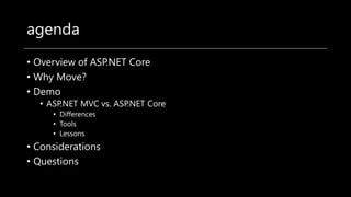 agenda
• Overview of ASP.NET Core
• Why Move?
• Demo
• ASP.NET MVC vs. ASP.NET Core
• Differences
• Tools
• Lessons
• Considerations
• Questions
 