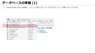 5
1. Visual Studio 2015 を起動し、メニュー[表示]-[サーバーエクスプローラー] の順にクリックします。
データベースの準備 (1)
1
 