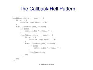 © 2008 Haim Michael
The Callback Hell Pattern
func1(function(err, result) {
if (err) {
console.log(“error...”);
}
func2(function(err, result) {
if (err) {
console.log(“error...”);
}
func3(function(err, result) {
if (err) {
console.log(“error...”);
}
func4(function(err, result) {
if (err) {
console.log(“error...”);
}
func5(result);
});
});
});
});
 