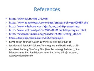 References http://www.xul.fr/web-2.0.html  http://www.adaptivepath.com/ideas/essays/archives/000385.php http://www.w3schools.com/ajax/ajax_xmlhttprequest.asp http://www.xml.com/pub/a/2005/02/09/xml-http-request.html http://developer.mozilla.org/en/docs/AJAX:Getting_Started https://developer.mozilla.org/en/XMLHttpRequest SAMS Teach Yourself Ajax in 10 Minutes, Phil Ballard, p.  85 JavaScript & AJAX, 6 th  Edition, Tom Negrino and Dori Smith, ch. 15 Ajax Basic by Sang Shin Sang Shin (Java Technology Architect), Sun Microsystems, Inc. Sun Microsystems, Inc. [sang.shin@sun.com], www.javapassion.com 