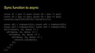 Sync function to async
const f1 = par => par; const f2 = par => par;
const f3 = par => par; const f4 = par => par;
console.log(f4(f3(f2(f1('value')))));
const af1 = toAsync(f1); const af2 = toAsync(f2);
const af3 = toAsync(f3); const af4 = toAsync(f4);
af1('value', (e, data) => {
af2(data, (e, data) => {
af3(data, (e, data) => {
af4(data, (e, data) => {
console.log(data);
});
});
});
});
 