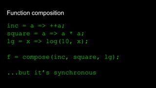 Function composition
inc = a => ++a;
square = a => a * a;
lg = x => log(10, x);
f = compose(inc, square, lg);
...but it’s synchronous
 