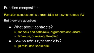 Function composition
Function composition is a great idea for asynchronous I/O
But there are questions:
● What about contracts?
○ for calls and callbacks, arguments and errors
○ timeouts, queueing, throttling
● How to add asynchronicity?
○ parallel and sequential
 