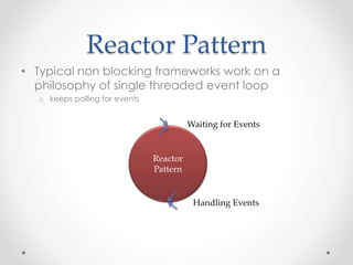 Reactor Pattern 
• Typical non blocking frameworks work on a 
philosophy of single threaded event loop 
o keeps polling for events 
Reactor 
Pattern 
Waiting for Events 
Handling Events 
 