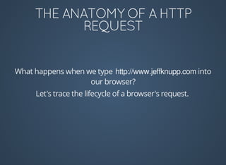 What	happens	when	we	type	http://www.jeffknupp.com	into
our	browser?
Let's	trace	the	lifecycle	of	a	browser's	request.
 