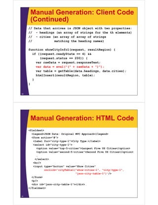 Manual Generation: Client Code
      (Continued)
     // Data that arrives is JSON object with two properties:
     // - headings (an array of strings for the th elements)
     // - cities (an array of array of strings
     //            matching the heading names)

     function showCityInfo1(request, resultRegion) {
       if ((request.readyState == 4) &&
           (request.status == 200)) {
           (      t t t
         var rawData = request.responseText;
         var data = eval("(" + rawData + ")");
         var t bl = getTable(data.headings, d t
             table     tT bl (d t h di       data.cities);
                                                   iti )
         htmlInsert(resultRegion, table);
       }
     }


30




      Manual Generation: HTML Code
     <fieldset>
       <legend>JSON Data: Original MVC Approach</legend>
          g                   g          pp      / g
       <form action="#">
        <label for="city-type-1">City Type:</label>
        <select id="city-type-1">
          <option value="top-5-cities">Largest Five US Cities</option>
                                                               /
          <option value="second-5-cities">Second Five US Cities</option>
          …
          /se ect
         </select>
        <br/>
        <input type="button" value="Show Cities"
                onclick='cityTable1("show-cities-1", "city-type-1",
                                    "json-city-table-1")'/>
                                                         /
       </form>
       <p/>
       <div id="json-city-table-1"></div>
            id json city table 1 ></div>
     </fieldset>


31
 