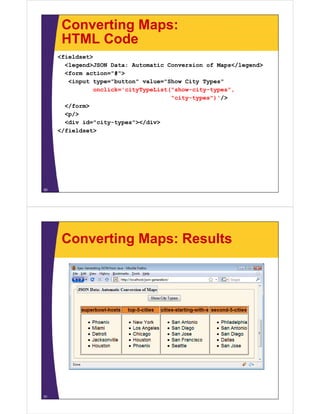 Converting Maps:
      HTML Code
     <fieldset>
       <legend>JSON Data: Automatic Conversion of Maps</legend>
       <form action="#">
        <input type="button" value="Show City Types"
               onclick cityTypeList( show city types ,
               onclick='cityTypeList("show-city-types",
                                     "city-types")'/>
       </form>
       <p/>
        p/
       <div id="city-types"></div>
     </fieldset>




50




      Converting Maps: Results




51
 