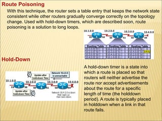 Route Poisoning
With this technique, the router sets a table entry that keeps the network state
consistent while other routers gradually converge correctly on the topology
change. Used with hold-down timers, which are described soon, route
poisoning is a solution to long loops.
Hold-Down
A hold-down timer is a state into
which a route is placed so that
routers will neither advertise the
route nor accept advertisements
about the route for a specific
length of time (the holddown
period). A route is typically placed
in holddown when a link in that
route fails.
 