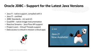 Copyright © 2023, Oracle and/or its affiliates
Oracle JDBC - Support for the Latest Java Versions
• Java 11 - native support, compiled with it
• Java 17 - certified
• JDBC Standards - 4.2 and 4.3
• GraalVM - native image instrumentation
• Reactive Streams - Java Flow API support
• Project Loom - Virtual Threads support
• Data access is critical in mission-critical apps
 