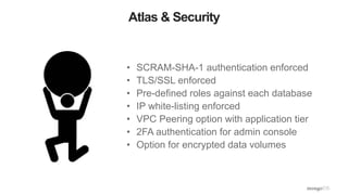 Atlas & Security
• SCRAM-SHA-1 authentication enforced
• TLS/SSL enforced
• Pre-defined roles against each database
• IP white-listing enforced
• VPC Peering option with application tier
• 2FA authentication for admin console
• Option for encrypted data volumes
 