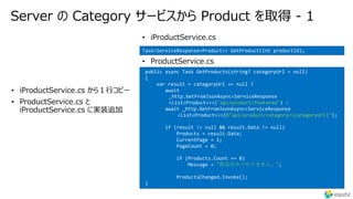 Server の Category サービスから Product を取得 - 1
•
•
Task<ServiceResponse<Product>> GetProduct(int productId);
• iProductService.cs
public async Task GetProducts(string? categoryUrl = null)
{
var result = categoryUrl == null ?
await
_http.GetFromJsonAsync<ServiceResponse
<List<Product>>>("api/product/featured") :
await _http.GetFromJsonAsync<ServiceResponse
<List<Product>>>($"api/product/category/{categoryUrl}");
if (result != null && result.Data != null)
Products = result.Data;
CurrentPage = 1;
PageCount = 0;
if (Products.Count == 0)
Message = "商品がみつかりません。";
ProductsChanged.Invoke();
}
• ProductService.cs
 