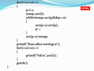 for(i=1;i<s;i++) 
{ 
p=i-1; 
temp=arr[i]; 
while(temp<arr[p]&&p>=0) 
{ 
arr[p+1]=arr[p]; 
p--; 
} 
arr[p+1]=temp; 
} 
printf("Data after sortingn"); 
for(i=0;i<s;i++) 
{ 
printf("%dn",arr[i]); 
} 
getch(); 
} 
EXTRA 
 