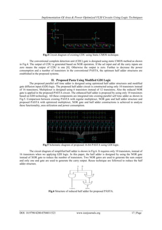 Implementation Of Area & Power Optimized VLSI Circuits Using Logic Techniques
DOI: 10.9790/4200-0704011523 www.iosrjournals.org 17 | Page
Fig.4 Circuit diagram of existing CDU using Static CMOS technique.
The conventional complete detection unit (CDU) gate is designed using static CMOS method as shown
in Fig.4. The output of CDU is generated based on NOR operation. If the sel input and all the carry inputs are
zero means the output of CDU is one [8]. Otherwise the output is zero. Further to decrease the power
consumption and a number of transistors in the conventional PASTA, the optimum half adder structures are
established in the proposed systems.
II. Proposed Pasta Using Modified GDI Logic
The proposed parallel self time adder is designed using optimized half adder structures and modified
gate diffusion input (GDI) logic. The proposed half adder circuit is constructed using only 10 transistors instead
of 16 transistors; Multiplexer is designed using 6 transistors instead of 12 transistors; Also the reduced NOR
gate is applied in the proposed PASTA circuit. The enhanced half adder is proposed by using only 10 transistors
based on GDI technology. All these components are integrated into existing parallel self time adder as shown in
Fig.5. Comparison between existing PASTA with regular multiplexer, NOR gate and half adder structure and
proposed PASTA with optimized multiplexer, NOR gate and half adder constructions is achieved to analyze
these functionality, area utilization and power consumption.
Fig.5 Schematic diagram of proposed 16-bit PASTA using GDI logic.
The circuit diagram of simplified half adder is shown in Fig.6. It requires only 10 transistors, instead of
16 transistors when we applying GDI logic. In this paper, the half adder is designed by using the NOR gate
instead of XOR gate to reduce the number of transistors. Two NOR gates are used to generate the sum output
and only one and gate are used to generate the carry output. Reuse technique are followed to reduce the half
adder structure.
A B
SumCarry
Fig.6 Structure of reduced half adder for proposed PASTA.
 