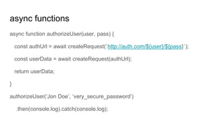 async functions
async function authorizeUser(user, pass) {
const authUrl = await createRequest(`http://auth.com/${user}/${pass}`);
const userData = await createRequest(authUrl);
return userData;
}
authorizeUser(‘Jon Doe’, ‘very_secure_password’)
.then(console.log).catch(console.log);
 