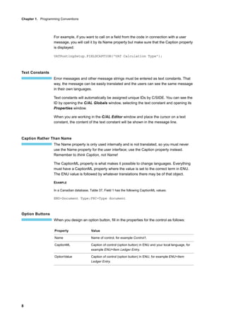 Chapter 1. Programming Conventions
8
For example, if you want to call on a field from the code in connection with a user
message, you will call it by its Name property but make sure that the Caption property
is displayed:
VATPostingSetup.FIELDCAPTION("VAT Calculation Type");
Text Constants
Error messages and other message strings must be entered as text constants. That
way, the message can be easily translated and the users can see the same message
in their own languages.
Text constants will automatically be assigned unique IDs by C/SIDE. You can see the
ID by opening the C/AL Globals window, selecting the text constant and opening its
Properties window.
When you are working in the C/AL Editor window and place the cursor on a text
constant, the content of the text constant will be shown in the message line.
Caption Rather Than Name
The Name property is only used internally and is not translated, so you must never
use the Name property for the user interface; use the Caption property instead.
Remember to think Caption, not Name!
The CaptionML property is what makes it possible to change languages. Everything
must have a CaptionML property where the value is set to the correct term in ENU.
The ENU value is followed by whatever translations there may be of that object.
EXAMPLE
In a Canadian database, Table 37, Field 1 has the following CaptionML values:
ENU=Document Type;FRC=Type document
Option Buttons
When you design an option button, fill in the properties for the control as follows:
Property Value
Name Name of control, for example Control1.
CaptionML Caption of control (option button) in ENU and your local language, for
example ENU=Item Ledger Entry.
OptionValue Caption of control (option button) in ENU, for example ENU=Item
Ledger Entry.
 