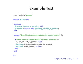 cbell@CamilleBellConsul/ng.com	
  	
  	
  	
  	
  	
  	
  16	
  
Example	
  Test	
  
require_rela9ve	
  'account'	
  
describe	
  Account	
  do	
  
	
  	
  before	
  do	
  
	
  	
  	
  	
  @star9ng_balance_in_pennies	
  =	
  100	
  
	
  	
  	
  	
  @account	
  =	
  Account.new(@star9ng_balance_in_pennies)	
  	
  	
  	
  	
  
	
  	
  end	
  
	
  	
  context	
  "deposi9ng	
  to	
  account	
  produces	
  the	
  correct	
  balance"	
  do	
  
	
  	
  	
  	
  it	
  "when	
  9	
  dollars	
  is	
  deposited	
  the	
  balance	
  is	
  10	
  dollars"	
  do	
  	
  	
  
	
  	
  	
  	
  	
  	
  deposit_amount_in_pennies	
  =	
  900	
  
	
  	
  	
  	
  	
  	
  @account.deposit(deposit_amount_in_pennies)	
  
	
  	
  	
  	
  	
  	
  @account.balance.should	
  ==	
  1000	
  
	
  	
  	
  	
  end	
  
	
  	
  end	
  
end	
  
 