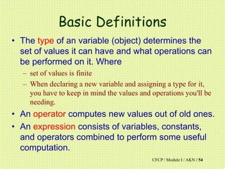 CFCP / Module I / AKN / 54
Basic Definitions
• The type of an variable (object) determines the
set of values it can have and what operations can
be performed on it. Where
– set of values is finite
– When declaring a new variable and assigning a type for it,
you have to keep in mind the values and operations you'll be
needing.
• An operator computes new values out of old ones.
• An expression consists of variables, constants,
and operators combined to perform some useful
computation.
 