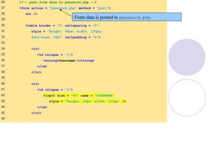 26 <!-- post form data to password.php -->
27 <form action = "password.php" method = "post">
28 <br />
29
30 <table border = "0" cellspacing = "0"
31 style = "height: 90px; width: 123px;
32 font-size: 10pt" cellpadding = "0">
33
34 <tr>
35 <td colspan = "3">
36 <strong>Username:</strong>
37 </td>
38 </tr>
39
40 <tr>
41 <td colspan = "3">
42 <input size = "40" name = "USERNAME"
43 style = "height: 22px; width: 115px" />
44 </td>
45 </tr>
46
Form data is posted to password.php.
 