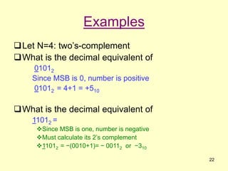 22
Examples
Let N=4: two’s-complement
What is the decimal equivalent of
01012
Since MSB is 0, number is positive
01012 = 4+1 = +510
What is the decimal equivalent of
11012 =
Since MSB is one, number is negative
Must calculate its 2’s complement
11012 = −(0010+1)= − 00112 or −310
 