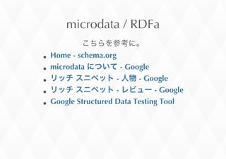 microdata	
 /	
 RDFa
Home	
 -	
 schema.org
microdata	
  	
 -	
 Google
	
  	
 -	
  	
 -	
 Google
	
  	
 -	
  	
 -	
 Google
Google	
 Structured	
 Data	
 Testing	
 Tool
 