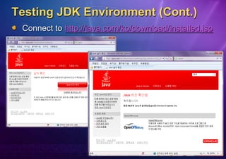 Testing JDK Environment (Cont.)
 Connect to http://java.com/ko/download/installed.jsp
 