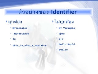 ตัว อย่า งของ Identifier
ถูก ต้อ ง                      ไม่ถ ูก ต้อ ง
  •   MyVariable                   •   My Variable

  •   _MyVariable                  •   9pns
  •   $x                           •   a+c

  •
      This_is_also_a_variable
                                   •   Hello'World
                                   •   public
 