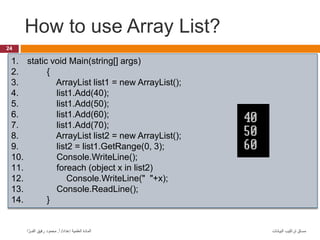 How to use Array List?
24
‫البيانات‬ ‫تراكيب‬ ‫مساق‬
‫إعداد‬ ‫العلمية‬ ‫المادة‬
/
‫أ‬
.
‫ا‬ َّ‫الفــر‬ ‫رفيق‬ ‫محمود‬
1. static void Main(string[] args)
2. {
3. ArrayList list1 = new ArrayList();
4. list1.Add(40);
5. list1.Add(50);
6. list1.Add(60);
7. list1.Add(70);
8. ArrayList list2 = new ArrayList();
9. list2 = list1.GetRange(0, 3);
10. Console.WriteLine();
11. foreach (object x in list2)
12. Console.WriteLine(" "+x);
13. Console.ReadLine();
14. }
 
