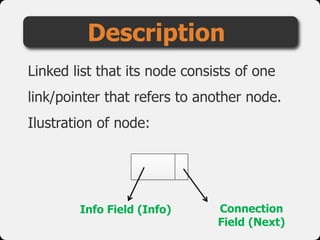 Linked list that its node consists of one
link/pointer that refers to another node.
Ilustration of node:
Description
Info Field (Info) Connection
Field (Next)
 