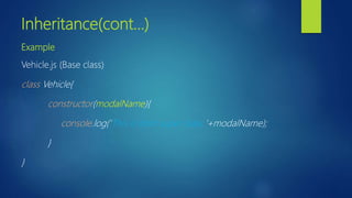 Inheritance(cont…)
Example
Vehicle.js (Base class)
class Vehicle{
constructor(modalName){
console.log(‘This is from super class ‘+modalName);
}
}
 