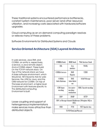 6
These traditional systems encountered performance bottlenecks,
constant system maintenance, poor server (and other resource)
utilization, and increasing costs associated with hardware/software
upgrades.
Cloud computing as an on-demand computing paradigm resolves
or relieves many of these problems.
Software Environments for Distributed Systems and Clouds:
Service-Oriented Architecture (SOA) Layered Architecture
In web services, Java RMI, and
CORBA, an entity is, respectively,
a service, a Java remote object,
And a CORBA object. These build
On the TCP/IP network stack. On
Top of the network stack we have
A base software environment, which
Would be .NET/Apache Axis for web
Services, the JVM for Java, and the
ORB network for CORBA. On top of
This base environment, a higher level
Environment with features specific to
The distributed computing
Environment is built.
Loose coupling and support of
heterogeneous implementations
make services more attractive than
distributed objects.
 