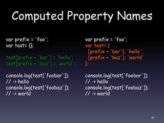 Computed Property Names
var prefix = 'foo';
var test= {
[prefix + 'bar']: 'hello',
[prefix + 'baz']: 'world'
};
console.log(test['foobar']);
// -> hello
console.log(test['foobaz']);
// -> world
var prefix = 'foo';
var test= {};
test[prefix + 'bar'] = 'hello';
test[prefix + 'baz'] = 'world';
console.log(test['foobar']);
// -> hello
console.log(test['foobaz']);
// -> world
90
 